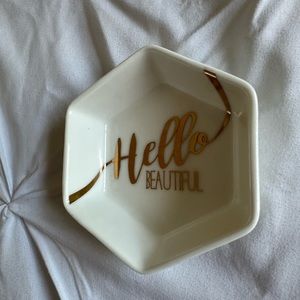 NEW Jewelry Ring Dish Hello Beautiful Gold White